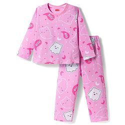 Babyhug Cotton Knit Full Sleeves Co-ords Night Suit with Kitty Print - Pink