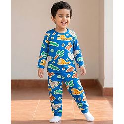Babyhug Cotton Knit Full Sleeves Co-ords Night Suit With Tiger Print - Blue