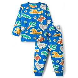 Babyhug Cotton Knit Full Sleeves Co-ords Night Suit With Tiger Print - Blue