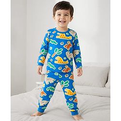Babyhug Cotton Knit Full Sleeves Co-ords Night Suit With Tiger Print - Blue