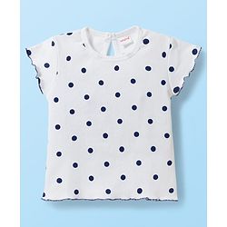 Babyhug Cotton Woven Frock with Half Sleeves Inner Tee with Polka Dot Print & Floral Patch - Blue & White