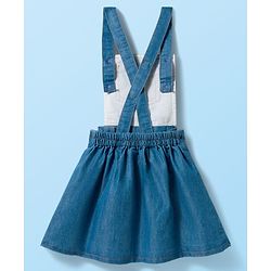 Babyhug Cotton Woven Frock with Half Sleeves Inner Tee with Polka Dot Print & Floral Patch - Blue & White