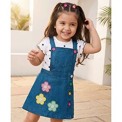 Babyhug Cotton Woven Frock with Half Sleeves Inner Tee with Polka Dot Print & Floral Patch - Blue & White