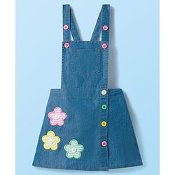 Babyhug Cotton Woven Frock with Half Sleeves Inner Tee with Polka Dot Print & Floral Patch - Blue & White