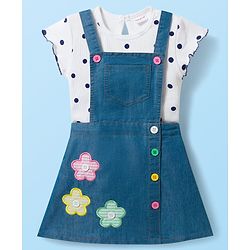 Babyhug Cotton Woven Frock with Half Sleeves Inner Tee with Polka Dot Print & Floral Patch - Blue & White