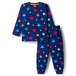 Babyhug Cotton Knit Full Sleeves Co-ord Night Suit With Star Print - Navy Blue