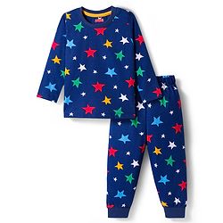 Babyhug Cotton Knit Full Sleeves Co-ord Night Suit With Star Print - Navy Blue
