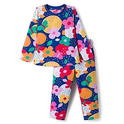 Babyhug Cotton Knit Full Sleeves Co-ord Night Suit With Floral Print - Navy Blue
