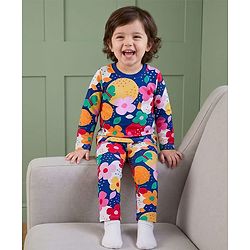 Babyhug Cotton Knit Full Sleeves Co-ord Night Suit With Floral Print - Navy Blue