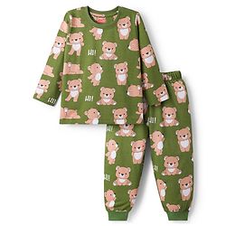 Babyhug Cotton Knit Full Sleeves T-Shirt & Lounge Pant Co-ords Night Suit With Bear Print - Green