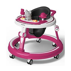 Babyhug 360° Joy Baby Walker with Convertible Feeding & Musical Toy Tray - Pink| Adjustable Height| Compact Fold| Activity cum Push Walker| Smooth Swivel Wheels| Padded Cushion Seat