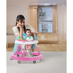 Babyhug 360° Joy Baby Walker with Convertible Feeding & Musical Toy Tray - Pink| Adjustable Height| Compact Fold| Activity cum Push Walker| Smooth Swivel Wheels| Padded Cushion Seat
