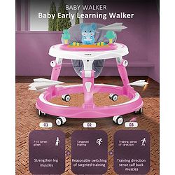 Babyhug 360° Joy Baby Walker with Convertible Feeding & Musical Toy Tray - Pink| Adjustable Height| Compact Fold| Activity cum Push Walker| Smooth Swivel Wheels| Padded Cushion Seat