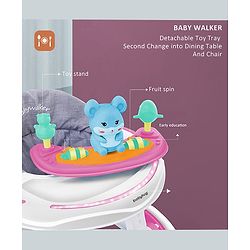 Babyhug 360° Joy Baby Walker with Convertible Feeding & Musical Toy Tray - Pink| Adjustable Height| Compact Fold| Activity cum Push Walker| Smooth Swivel Wheels| Padded Cushion Seat
