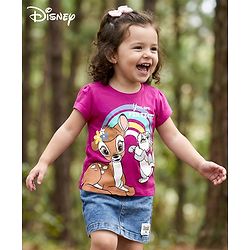 Babyhug Disney Single Jersey Knit Half Sleeves T-Shirt & Denim Skirt with Bambi Graphic & Badge Detailing - Purple & Blue