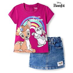 Babyhug Disney Single Jersey Knit Half Sleeves T-Shirt & Denim Skirt with Bambi Graphic & Badge Detailing - Purple & Blue