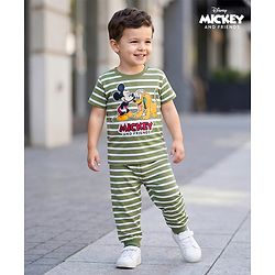 Babyhug Disney Single Jersey Knit Half Sleeves Striped Night Suit with Mickey & Pluto Graphic - Green