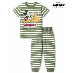 Babyhug Disney Single Jersey Knit Half Sleeves Striped Night Suit with Mickey & Pluto Graphic - Green