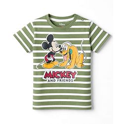 Babyhug Disney Single Jersey Knit Half Sleeves Striped Night Suit with Mickey & Pluto Graphic - Green