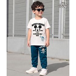 Babyhug Disney Single Jersey Knit Drop Shoulder Half Sleeves T-Shirt & Track Pant Set with Mickey Mouse Graphic - Navy Blue & White