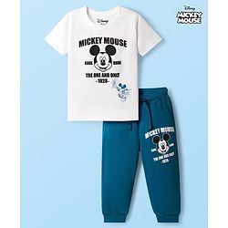 Babyhug Disney Single Jersey Knit Drop Shoulder Half Sleeves T-Shirt & Track Pant Set with Mickey Mouse Graphic - Navy Blue & White