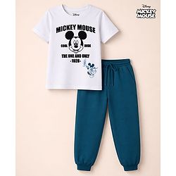 Babyhug Disney Single Jersey Knit Drop Shoulder Half Sleeves T-Shirt & Track Pant Set with Mickey Mouse Graphic - Navy Blue & White