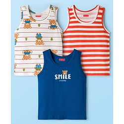 Babyhug 100% Cotton Single Jersey Knit Sandos With Bear Print Pack of 3 - Blue Red & White