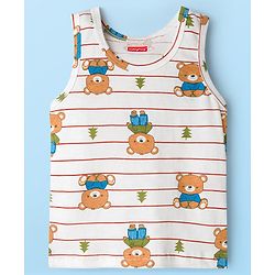 Babyhug 100% Cotton Single Jersey Knit Sandos With Bear Print Pack of 3 - Blue Red & White