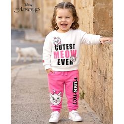 Babyhug Disney Terry Knit Full Sleeves T-Shirt & Track Pant Set with Marie Graphic - Pink & White
