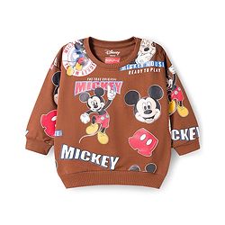 Babyhug Disney Terry Knit Full Sleeves Co-ords T-Shirt & Lounge Pant Set with Mickey Mouse Print - Brown