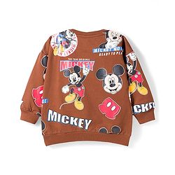 Babyhug Disney Terry Knit Full Sleeves Co-ords T-Shirt & Lounge Pant Set with Mickey Mouse Print - Brown