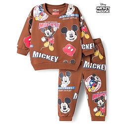 Babyhug Disney Terry Knit Full Sleeves Co-ords T-Shirt & Lounge Pant Set with Mickey Mouse Print - Brown