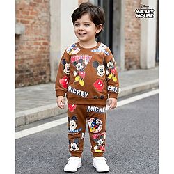 Babyhug Disney Terry Knit Full Sleeves Co-ords T-Shirt & Lounge Pant Set with Mickey Mouse Print - Brown