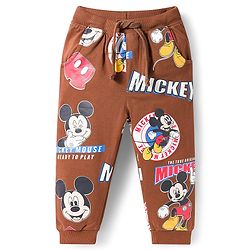 Babyhug Disney Terry Knit Full Sleeves Co-ords T-Shirt & Lounge Pant Set with Mickey Mouse Print - Brown