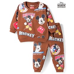 Babyhug Disney Terry Knit Full Sleeves Co-ords T-Shirt & Lounge Pant Set with Mickey Mouse Print - Brown