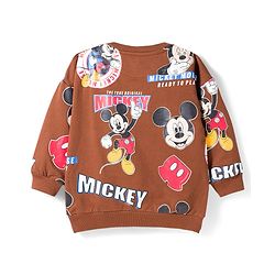 Babyhug Disney Terry Knit Full Sleeves Co-ords T-Shirt & Lounge Pant Set with Mickey Mouse Print - Brown