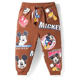 Babyhug Disney Terry Knit Full Sleeves Co-ords T-Shirt & Lounge Pant Set with Mickey Mouse Print - Brown