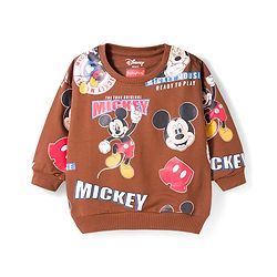 Babyhug Disney Terry Knit Full Sleeves Co-ords T-Shirt & Lounge Pant Set with Mickey Mouse Print - Brown