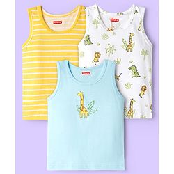 Babyhug 100% Cotton Knit Sleeveless Sando with Dino Print & Stripes Pack of 3 - Yellow White & Light Blue
