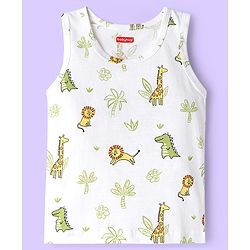 Babyhug 100% Cotton Knit Sleeveless Sando with Dino Print & Stripes Pack of 3 - Yellow White & Light Blue
