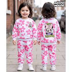 Babyhug Disney Terry Knit Full Sleeves T-Shirt & Track Pant with Minnie Mouse Graphic & Badge Detailing - White