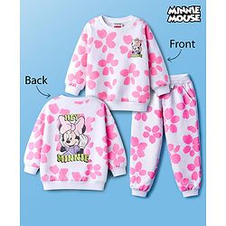 Babyhug Disney Terry Knit Full Sleeves T-Shirt & Track Pant with Minnie Mouse Graphic & Badge Detailing - White