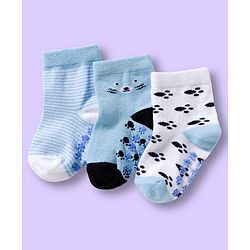 Cute Walk by Babyhug Non Terry Knit Ankle Length Anti Bacterial Anti Skid Sock With Stripes Pack Of 3 - Light Blue & White