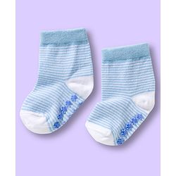 Cute Walk by Babyhug Non Terry Knit Ankle Length Anti Bacterial Anti Skid Sock With Stripes Pack Of 3 - Light Blue & White