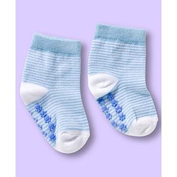 Cute Walk by Babyhug Non Terry Knit Ankle Length Anti Bacterial Anti Skid Sock With Stripes Pack Of 3 - Light Blue & White