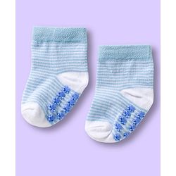 Cute Walk by Babyhug Non Terry Knit Ankle Length Anti Bacterial Anti Skid Sock With Stripes Pack Of 3 - Light Blue & White