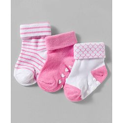 Cute Walk by Babyhug Non Terry Knit Ankle Length Anit Skid Anti Bacterial Socks With Stripes Pack Of 3 - Pink & White