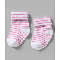 Cute Walk by Babyhug Non Terry Knit Ankle Length Anit Skid Anti Bacterial Socks With Stripes Pack Of 3 - Pink & White