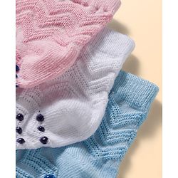 Cute Walk by Babyhug Non Terry Knit Ankle Length Anti Bacterial Anti Skid Socks With Design Pack Of 3 - Pink White & Blue