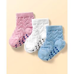 Cute Walk by Babyhug Non Terry Knit Ankle Length Anti Bacterial Anti Skid Socks With Design Pack Of 3 - Pink White & Blue